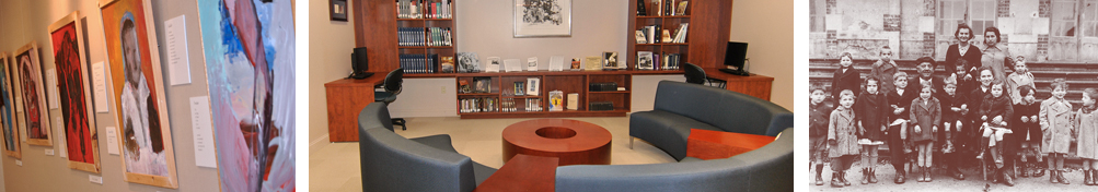 Paintings hang on the wall, Bookshelves and seating in the Schwab Family reading room, Black and white photo of adults and children